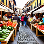 ** A bustling marketplace scene in a vibrant Spanish town. Focus on the diversity of local vendors selling artisanal goods, fresh produce, and handcrafted items. Emphasize the interaction between vendors and customers, creating a warm, community-focused atmosphere. Include elements suggesting sustainability, such as reusable bags and eco-friendly packaging.

**
