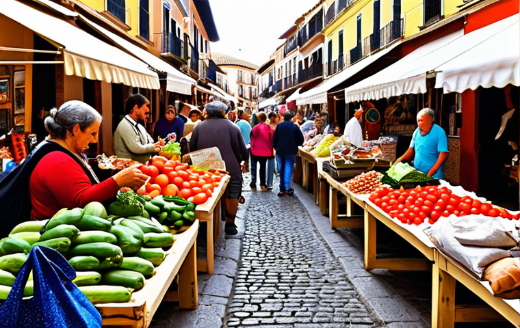 ** A bustling marketplace scene in a vibrant Spanish town. Focus on the diversity of local vendors selling artisanal goods, fresh produce, and handcrafted items. Emphasize the interaction between vendors and customers, creating a warm, community-focused atmosphere. Include elements suggesting sustainability, such as reusable bags and eco-friendly packaging.

**