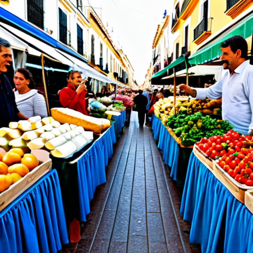 Bustling Spanish Farmer's Market**
"A vibrant and colorful farmer's market scene in Seville, Spain. Local farmers are selling fresh produce, artisanal cheeses, and homemade breads from their stalls. Shoppers are browsing and buying goods. Focus on the energy and community atmosphere. Everyone is fully clothed in appropriate attire. Safe for work, appropriate content, family-friendly, professional photography, perfect anatomy, correct proportions, natural pose, well-formed hands, proper finger count, natural body proportions."
**