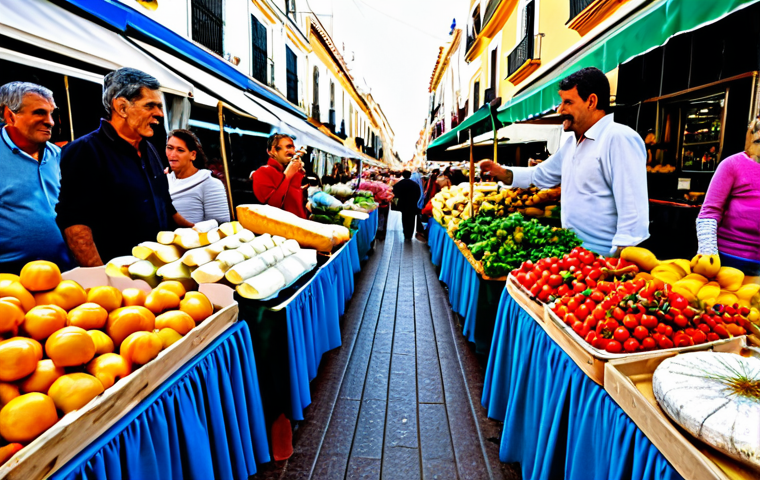 Bustling Spanish Farmer's Market**
"A vibrant and colorful farmer's market scene in Seville, Spain. Local farmers are selling fresh produce, artisanal cheeses, and homemade breads from their stalls. Shoppers are browsing and buying goods. Focus on the energy and community atmosphere. Everyone is fully clothed in appropriate attire. Safe for work, appropriate content, family-friendly, professional photography, perfect anatomy, correct proportions, natural pose, well-formed hands, proper finger count, natural body proportions."
**