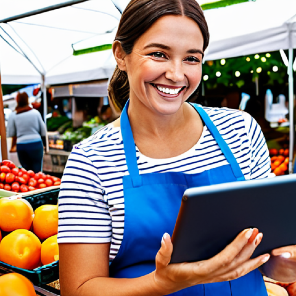Digital Platform Success**
A smiling, professional woman using a tablet at a vibrant farmers market, surrounded by fresh produce. She is fully clothed in modest, casual attire. Background shows happy customers. Promoting local produce online. Safe for work, appropriate content, perfect anatomy, natural proportions, high quality, professional photography.
**