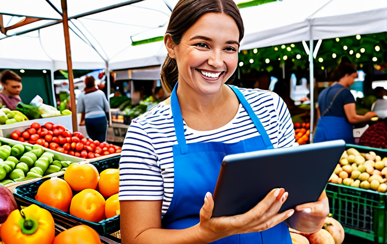 Digital Platform Success**
A smiling, professional woman using a tablet at a vibrant farmers market, surrounded by fresh produce. She is fully clothed in modest, casual attire. Background shows happy customers. Promoting local produce online. Safe for work, appropriate content, perfect anatomy, natural proportions, high quality, professional photography.
**
