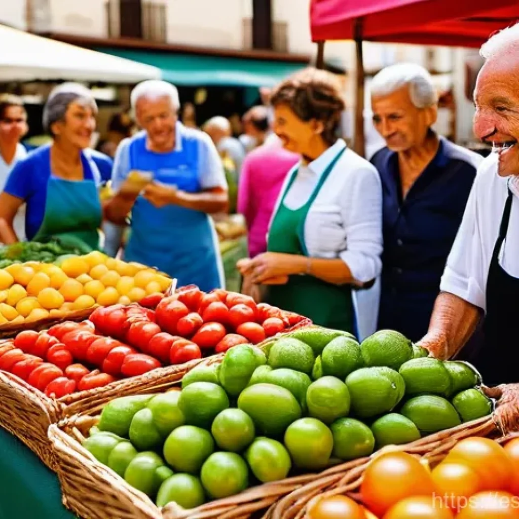 지역생산의 시장 경쟁 분석 - **Prompt:** A vibrant, bustling outdoor market scene set in a picturesque town square in Spain. Sunl...