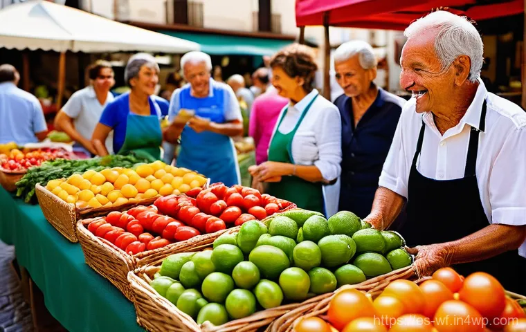 지역생산의 시장 경쟁 분석 - **Prompt:** A vibrant, bustling outdoor market scene set in a picturesque town square in Spain. Sunl...