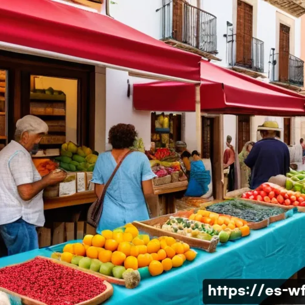지역생산과 온라인 플랫폼 활용 - A vibrant local farmer’s market scene in Spain featuring diverse regional producers selling fresh fr...