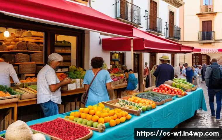 지역생산과 온라인 플랫폼 활용 - A vibrant local farmer’s market scene in Spain featuring diverse regional producers selling fresh fr...