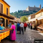 Home 21 지역생산과 문화적 가치 - A bustling local artisan market in a vibrant Spanish village, featuring colorful handmade textiles, ...