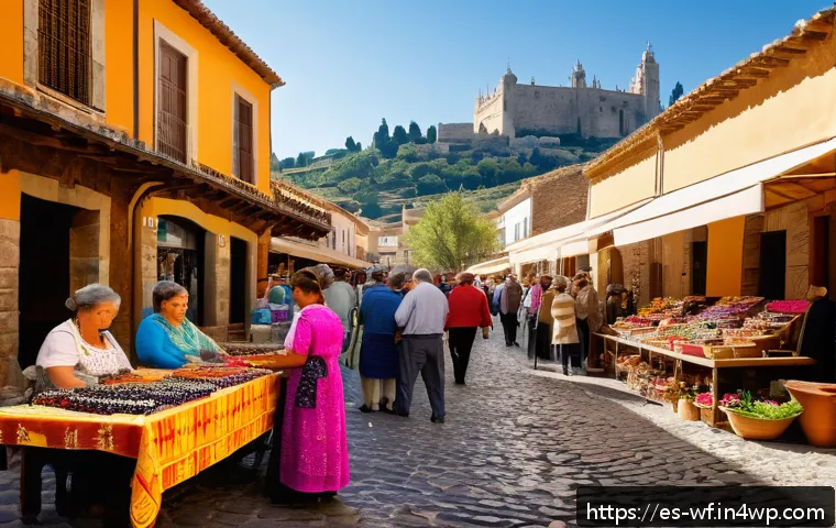 지역생산과 문화적 가치 - A bustling local artisan market in a vibrant Spanish village, featuring colorful handmade textiles, ...