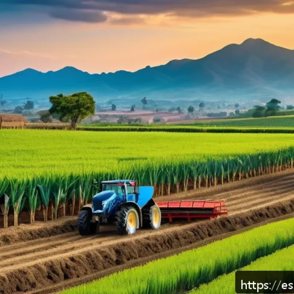 지역생산을 위한 법적 지원 체계 - A vibrant rural Mexican agricultural scene showing small farmers working in fields with modern farmi...