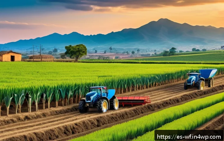 지역생산을 위한 법적 지원 체계 - A vibrant rural Mexican agricultural scene showing small farmers working in fields with modern farmi...