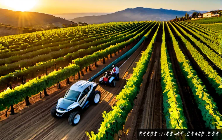 지역생산의 최신 기술 동향 - Photorealistic modern Spanish vineyard at sunrise, local farmers using a compact autonomous electric...